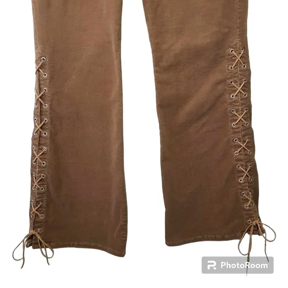 Max Studio Lace Up Brown Corduroy Pants Midrise Bootcut Flare - Picture 2 of 12